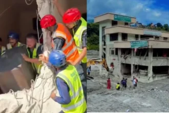 नेपाल के नुवाकोट में बाढ़ प्रभावित कृषि विकास बैंक से सोना और नकदी बरामद करते पुलिसकर्मी