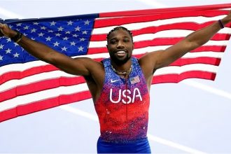 US' Noah Lyles won the 100 meter race in Paris Olympics