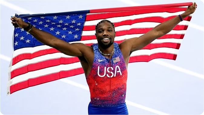 US' Noah Lyles won the 100 meter race in Paris Olympics