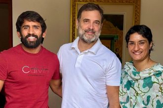 Bajrang Punia and Vinesh Phogat meet Rahul Gandhi