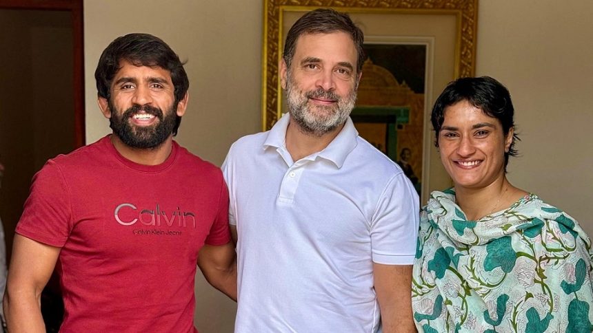 Bajrang Punia and Vinesh Phogat meet Rahul Gandhi