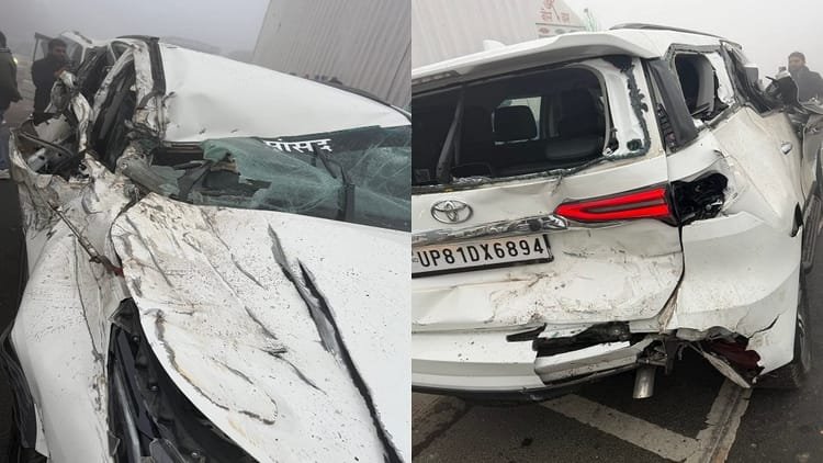 hathras-accident:-सांसद-लिखी-फॉर्च्यूनर-कार-खड़े-ट्रक-से-टकराई,-अकराबाद-ब्लॉक-प्रमुख-बाल-बाल-बचे