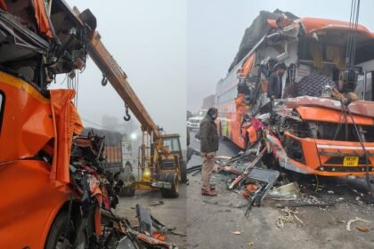 कानपुर-देहात-में-भीषण-सड़क-हादसा!-टक्कर-में-पिचक-गया-यात्रियों-से-भरी-बस-का-आगे-का-हिस्सा,-बुलानी-पड़ी-क्रेन