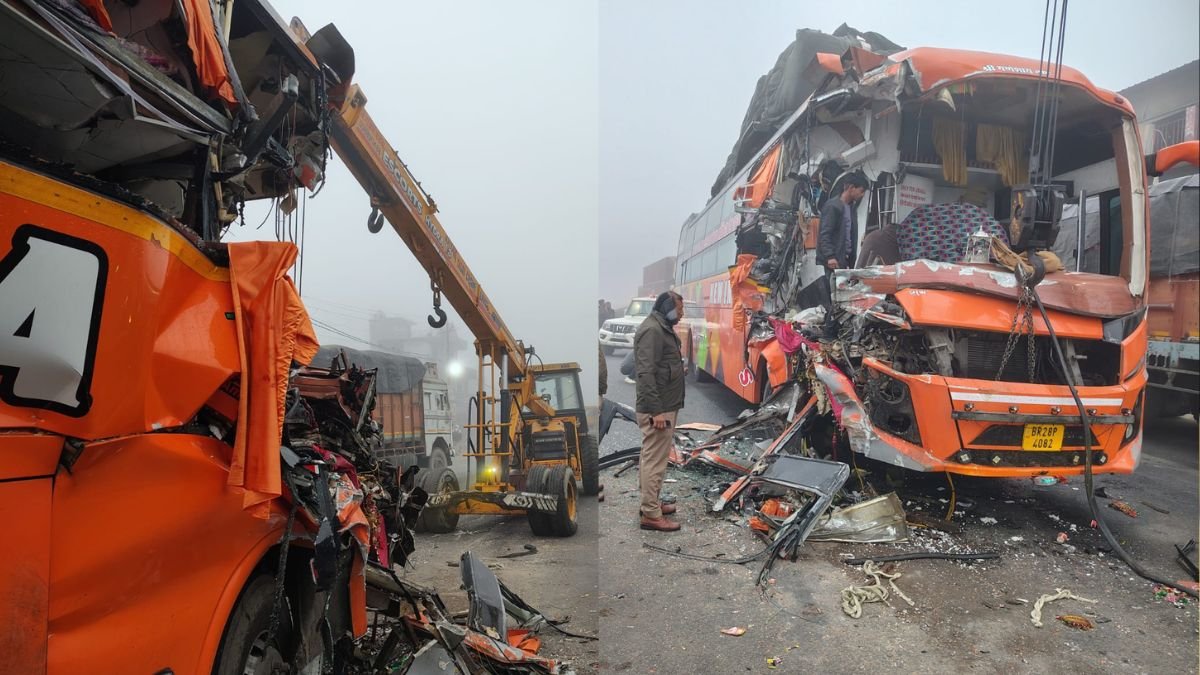 कानपुर-देहात-में-भीषण-सड़क-हादसा!-टक्कर-में-पिचक-गया-यात्रियों-से-भरी-बस-का-आगे-का-हिस्सा,-बुलानी-पड़ी-क्रेन