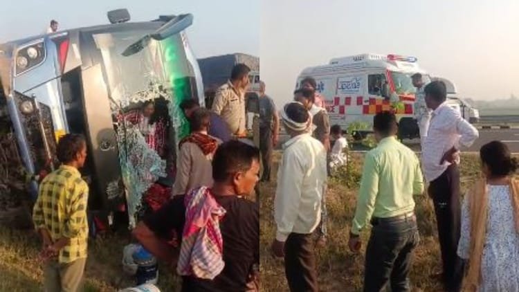 up-news:-बदायूं-में-गंगा-एक्सप्रेसवे-पर-टूरिस्ट-बस-पलटी,-चार-यात्री-घायल;-हरिद्वार-से-प्रयागराज-जा-रहे-थे-सभी