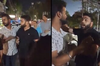 कानपुर-में-बीच-सड़क-दबंगों-का-हंगामा,-बाइक-सवार-को-पीटा,-पुलिसकर्मी-को-धमकी-देते-हुए-कहा-ताऊ-सांसद-है-हमारे