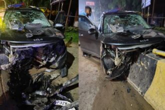 सुल्तानपुर में दरियापुर रेलवे ओवरब्रिज के पास सड़क हादसे में क्षतिग्रस्त कार